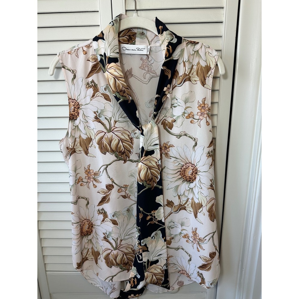 Oscar de la Renta Floral Silk Tie Neck Blouse Sleeveless Top Tan Black Size 10